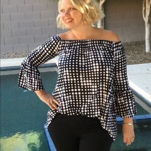 Amelia James New Size S Black White Polka Dot Off Shoulder Bell Sleeve Tunic Top